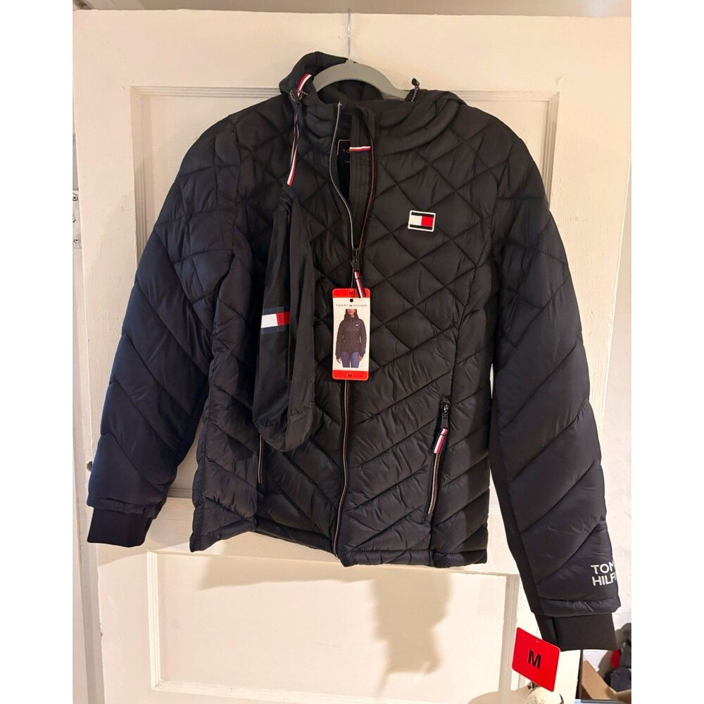 Tommy Hilfiger Women’s Black Hooded Puffer Jacket Size M Sorona Aura